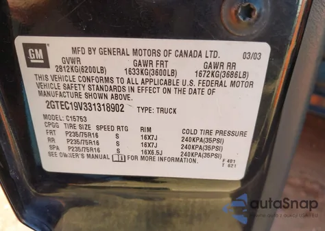 2003 GMC Sierra 1500 Sle z USA, uszkodzony, nr VIN 2GTEC19V331318902